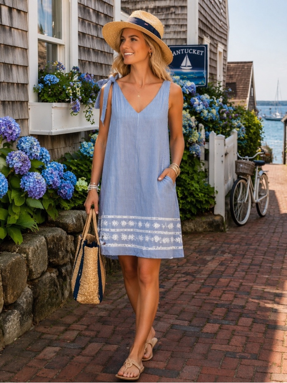 VINEYARD VINES Women's Navy Seersucker Striped Sleeveless Bow V-Neck Dress L